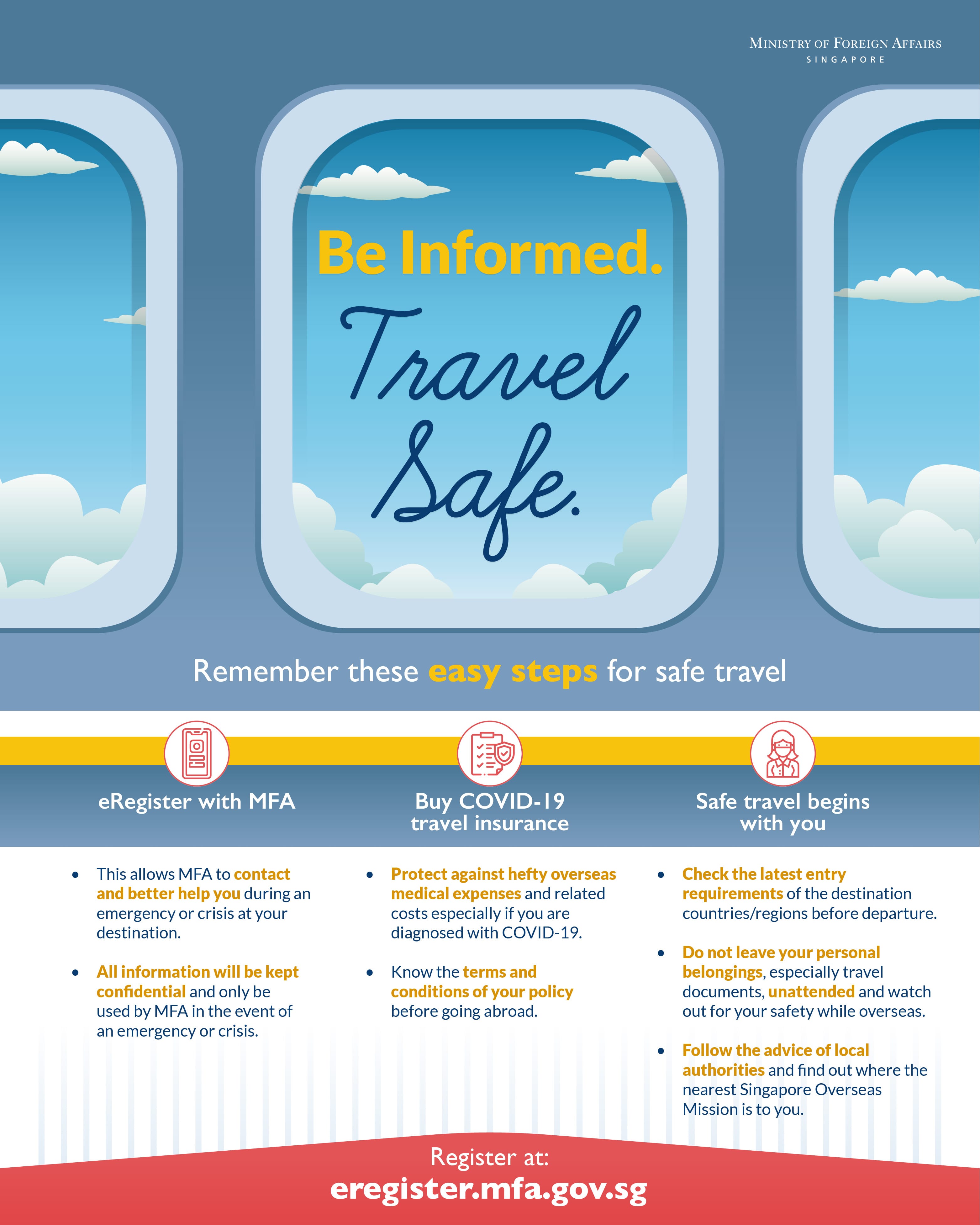 Travel safety infographic from Singapore's Ministry of Foreign Affairs with plane window graphics.